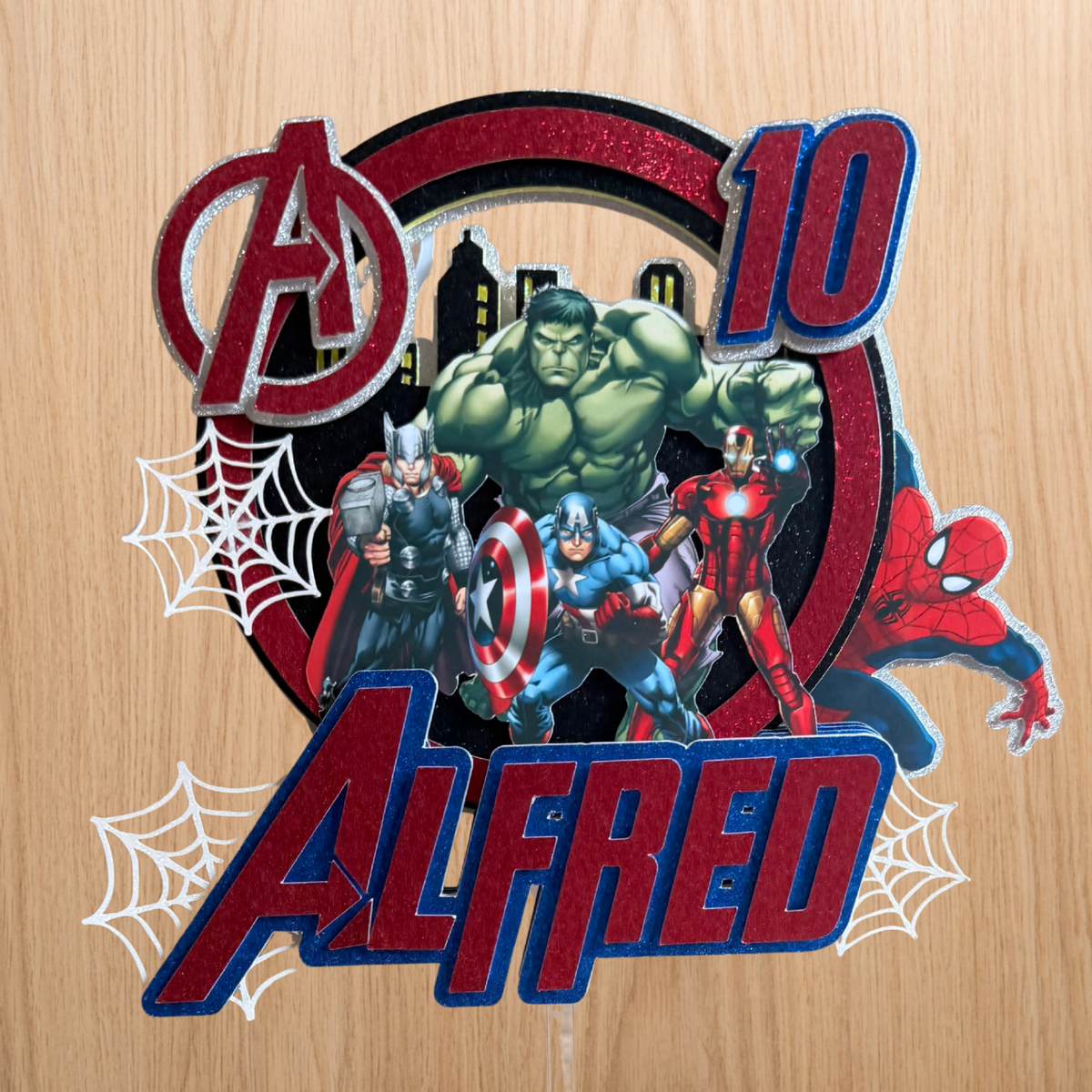 Marvel Avengers Birthday Cake Topper – Personalised Superhero Glitter Decoration