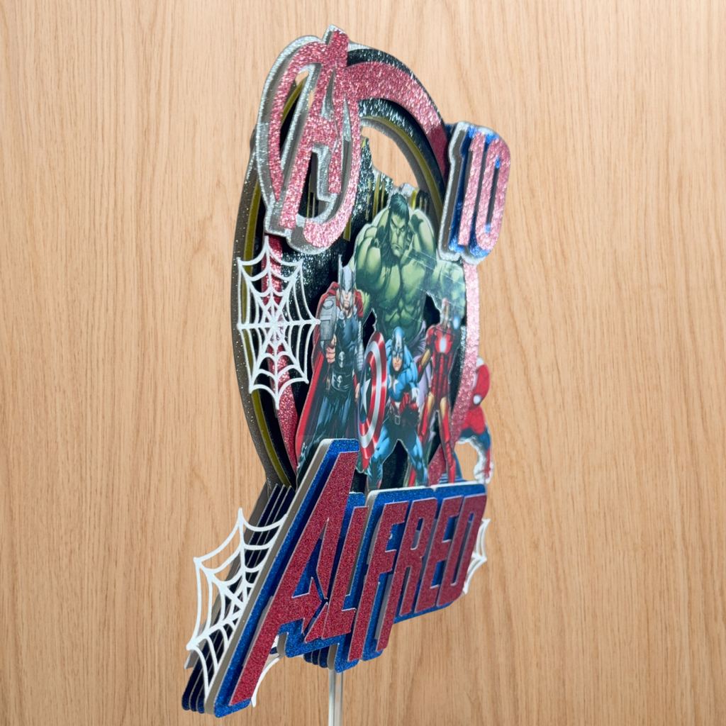 Marvel Avengers Birthday Cake Topper – Personalised Superhero Glitter Decoration