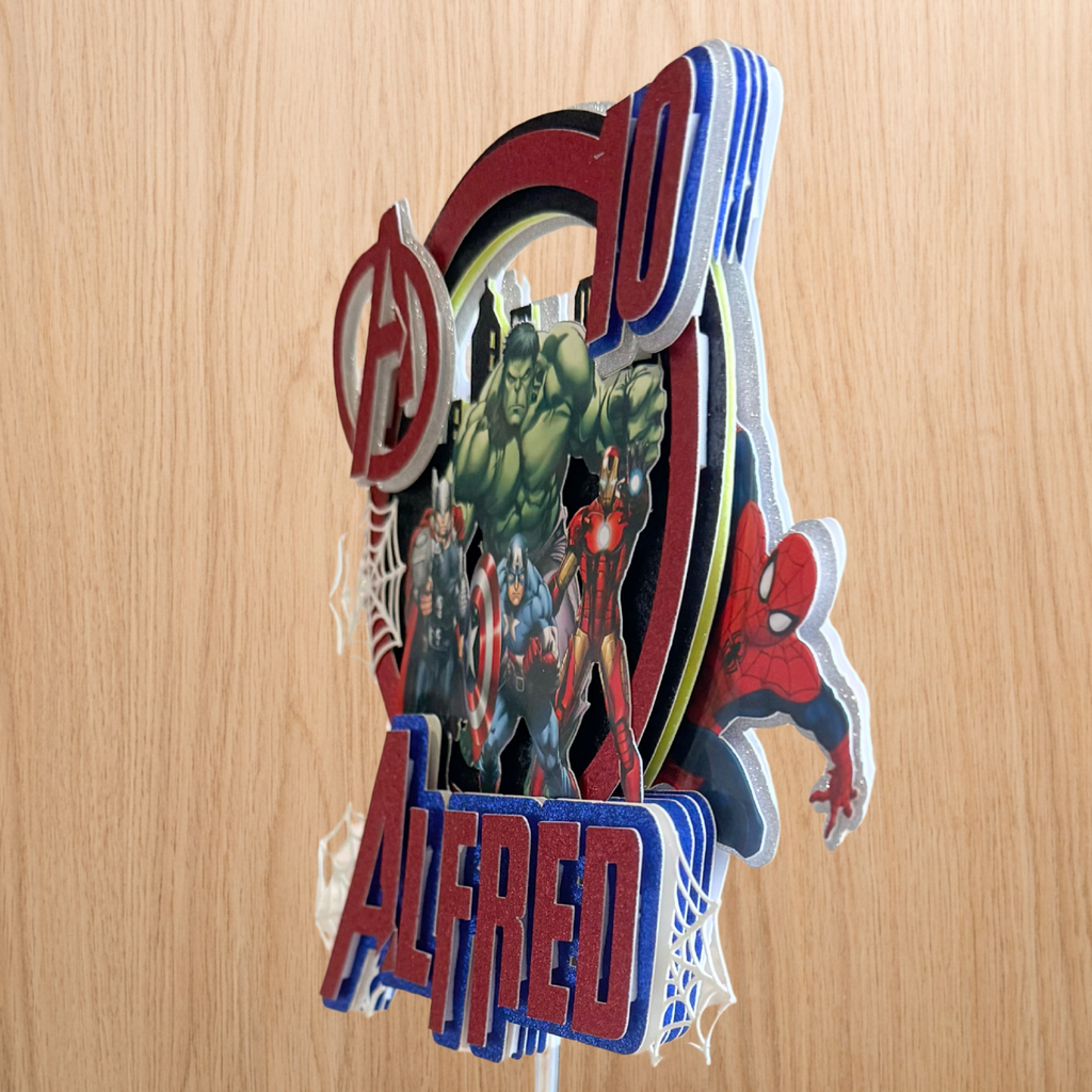Marvel Avengers Birthday Cake Topper – Personalised Superhero Glitter Decoration