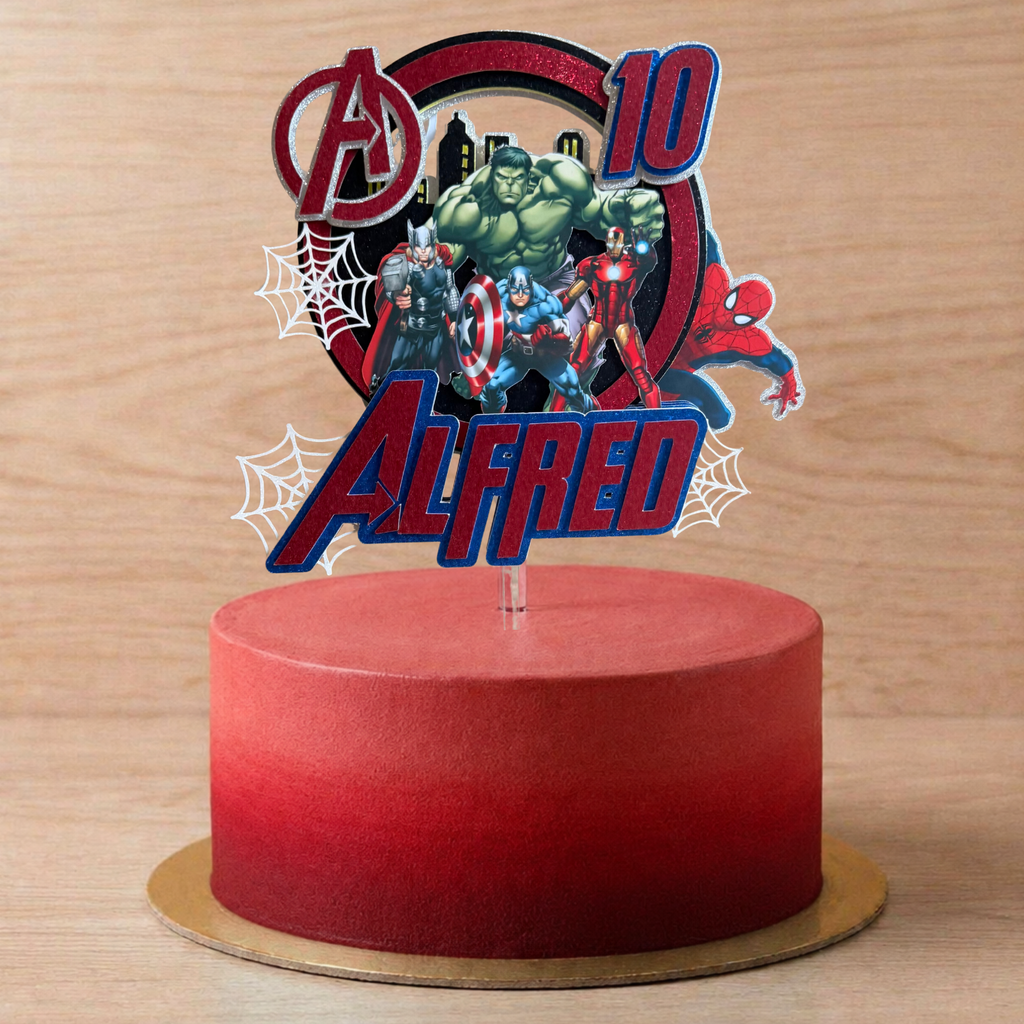 Marvel Avengers Birthday Cake Topper – Personalised Superhero Glitter Decoration