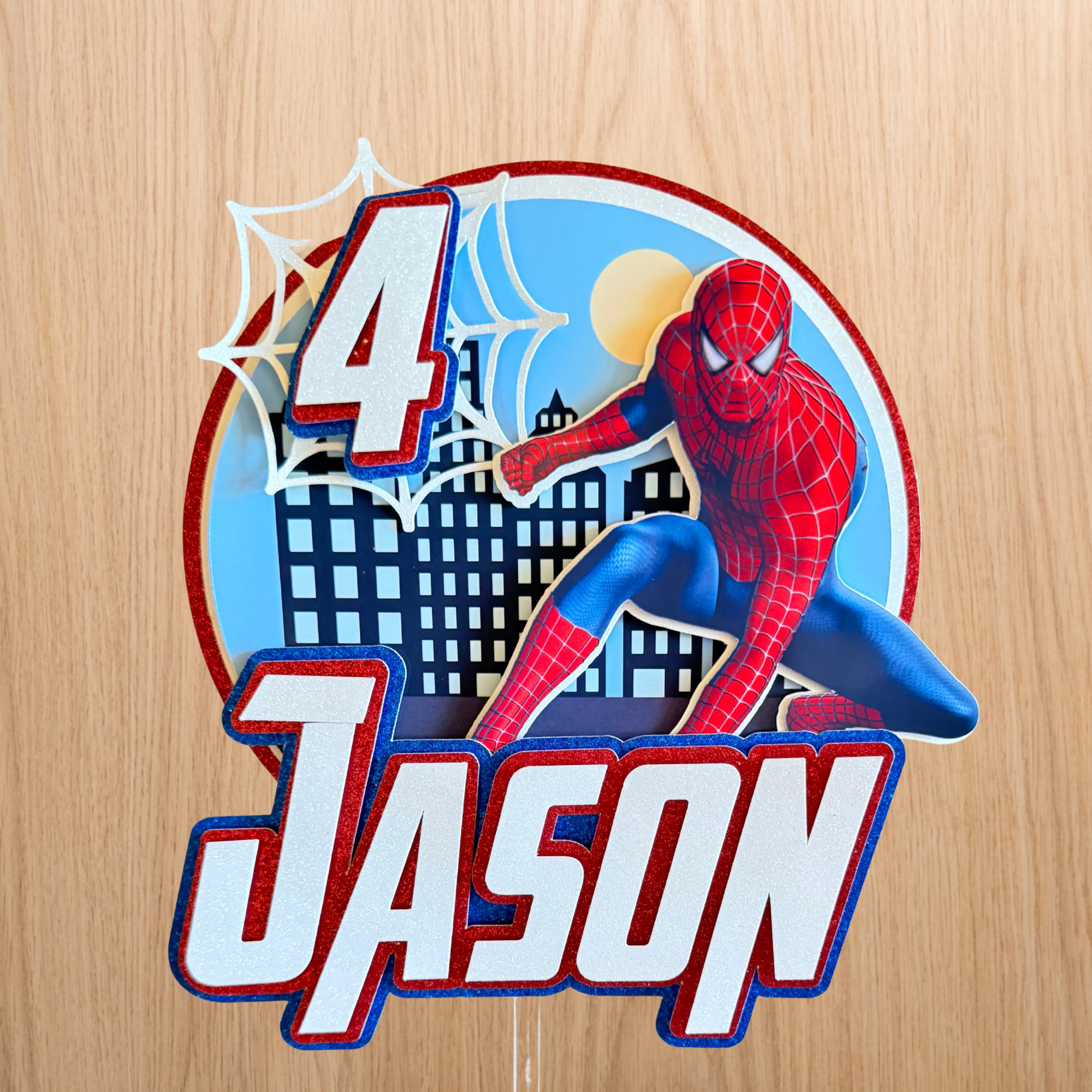 Spider-Man City Cake Topper | Personalised Name & Age Birthday Decoration