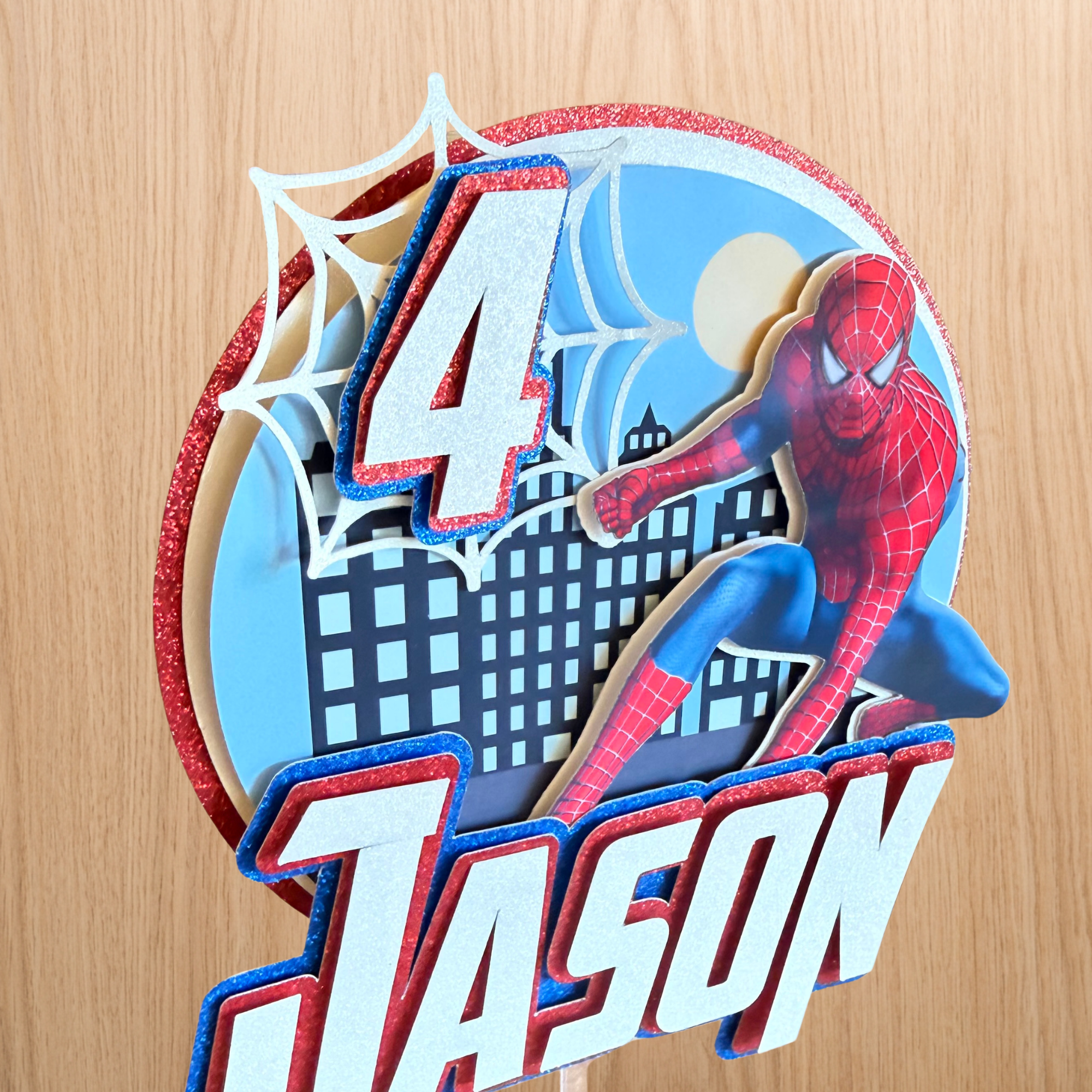 Spider-Man City Cake Topper | Personalised Name & Age Birthday Decoration