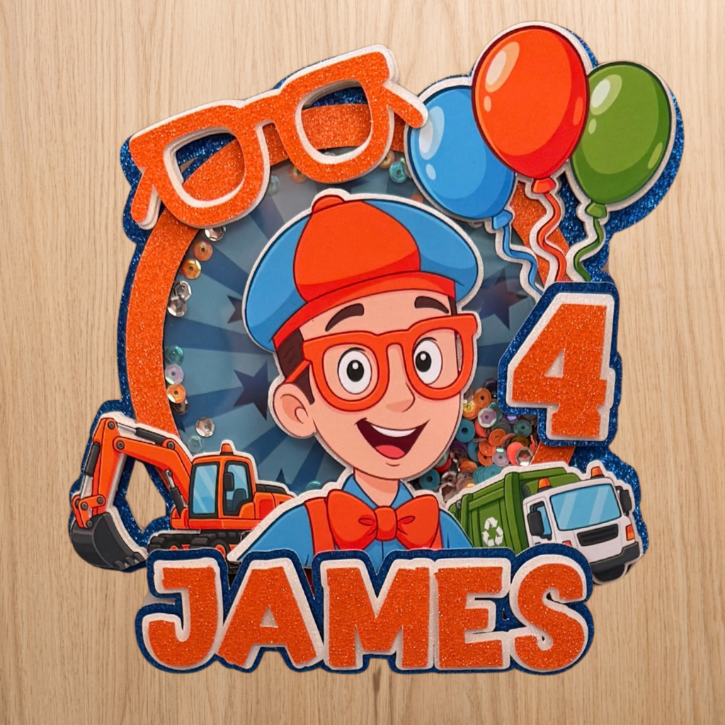 Blippi Shaker Cake Topper – Personalised Name & Age Birthday Decoration