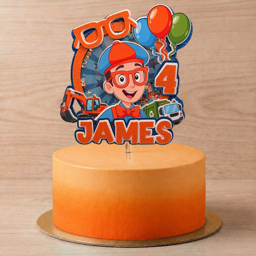 Blippi Shaker Cake Topper – Personalised Name & Age Birthday Decoration