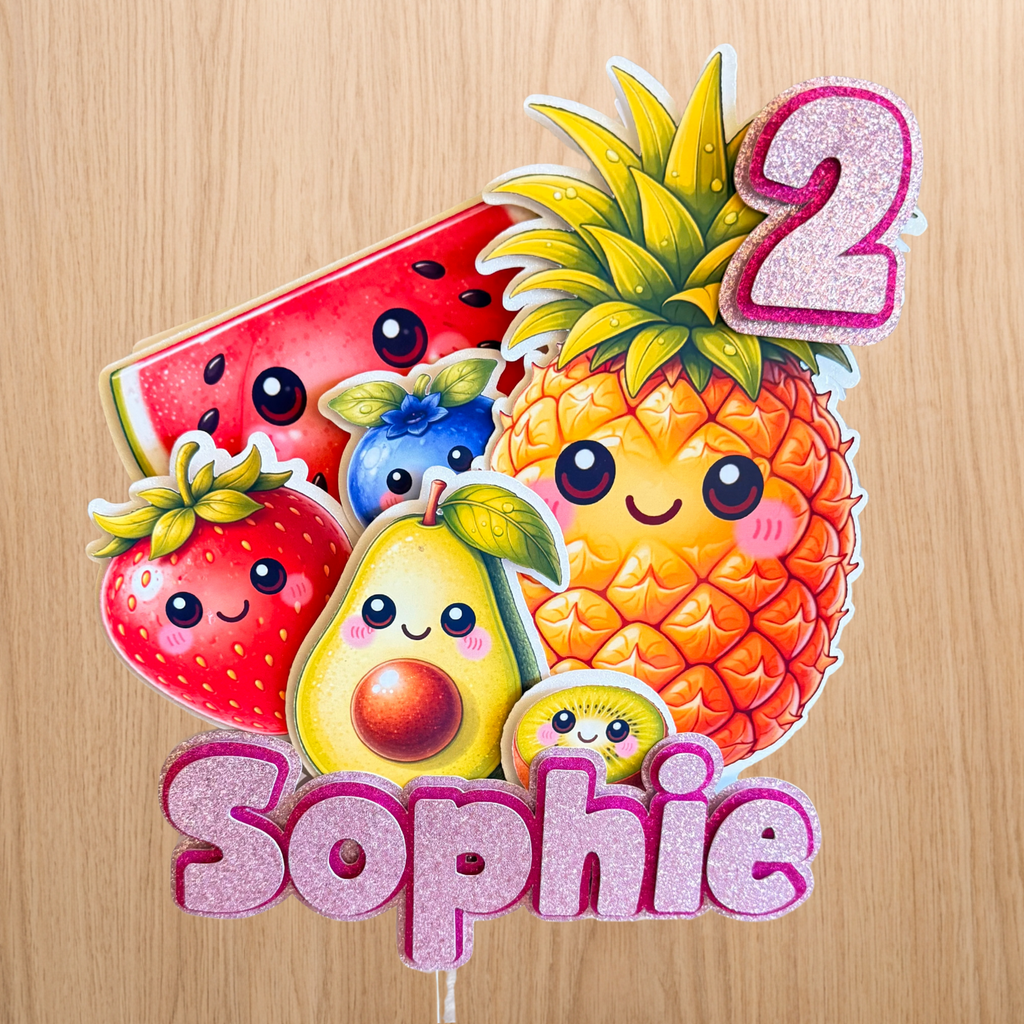 Dancing Fruit Cake Topper | Personalised Name & Age Birthday Decoration | Baby Sensory Inspired | Pink or Blue