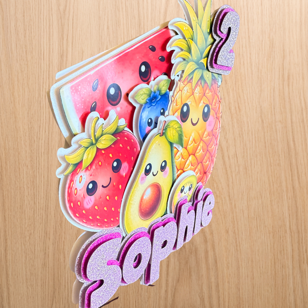 Dancing Fruit Cake Topper | Personalised Name & Age Birthday Decoration | Baby Sensory Inspired | Pink or Blue