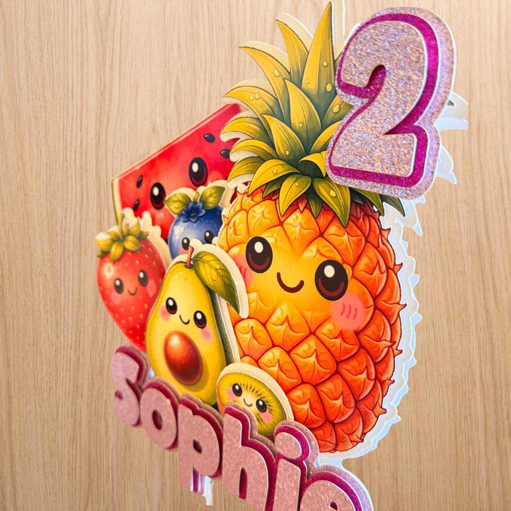 Dancing Fruit Cake Topper | Personalised Name & Age Birthday Decoration | Baby Sensory Inspired | Pink or Blue