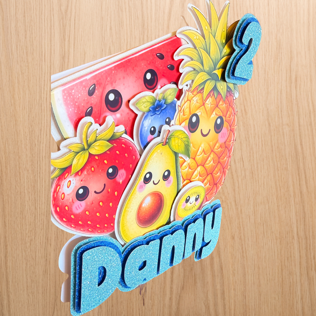 Dancing Fruit Cake Topper | Personalised Name & Age Birthday Decoration | Baby Sensory Inspired | Pink or Blue