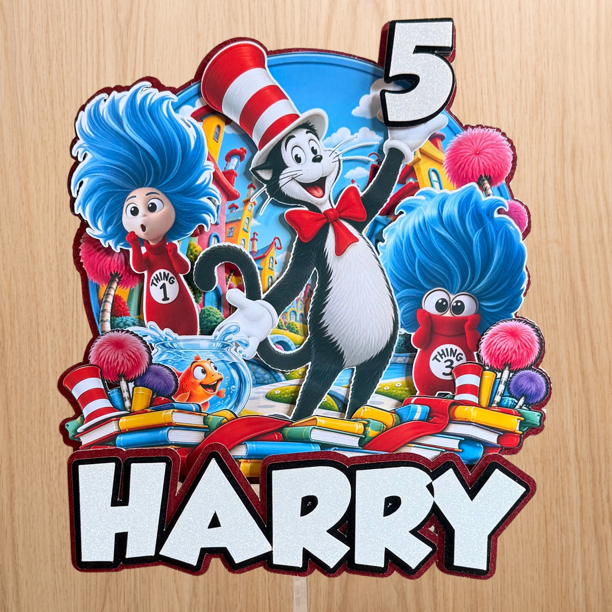 Cat in the Hat Birthday Cake Topper – Personalised Name & Age