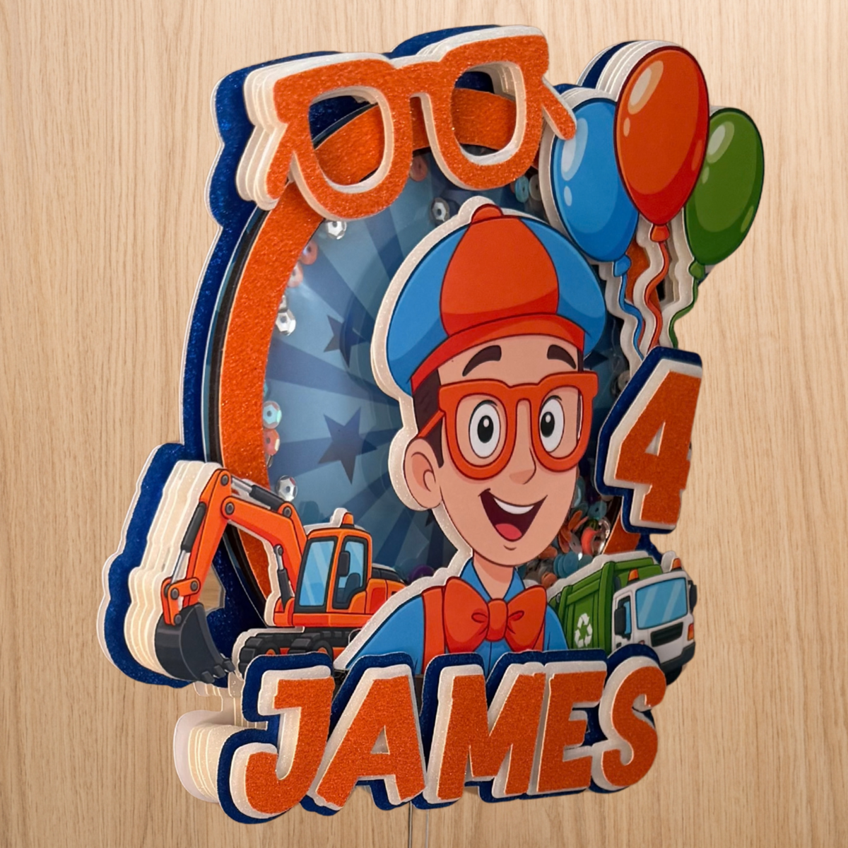 Blippi Shaker Cake Topper – Personalised Name & Age Birthday Decoration