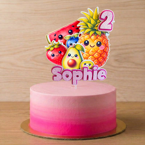 Dancing Fruit Cake Topper | Personalised Name & Age Birthday Decoration | Baby Sensory Inspired | Pink or Blue