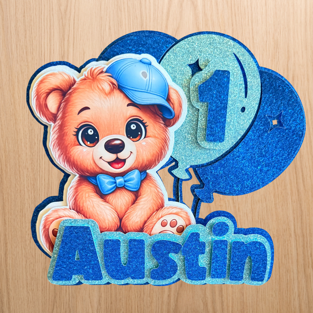 Teddy Bear Birthday Cake Topper | Personalised Name & Age