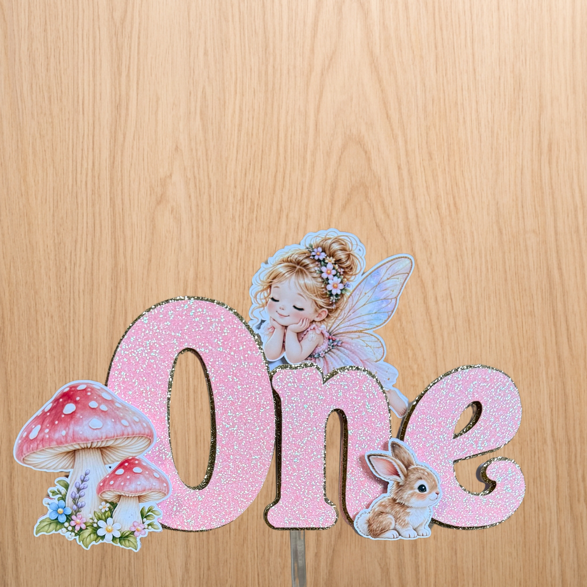 Fairy Garden 1st Birthday Cake Topper with pink glitter ONE lettering, fairy, bunny and toadstools