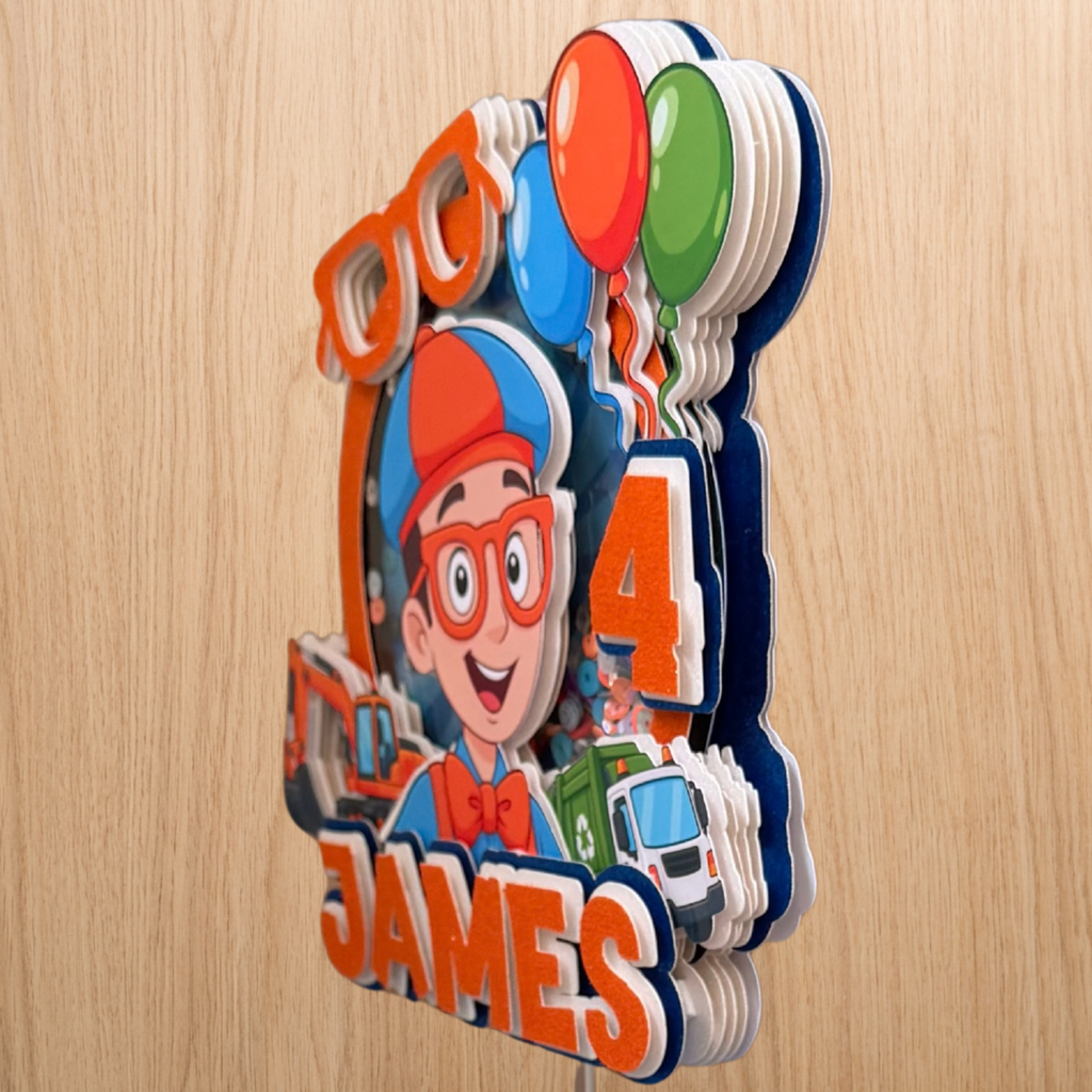 Blippi Shaker Cake Topper – Personalised Name & Age Birthday Decoration