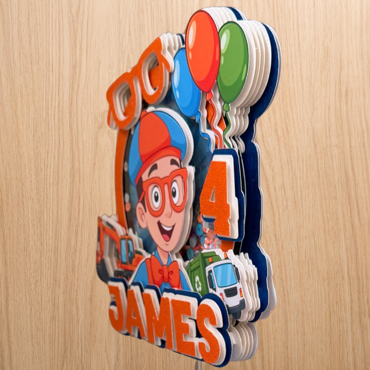 Blippi Shaker Cake Topper – Personalised Name & Age Birthday Decoration