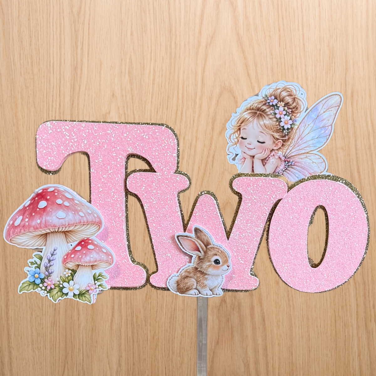 Fairy Garden 2nd Birthday Cake Topper – Pink Glitter TWO – Matching Card Option