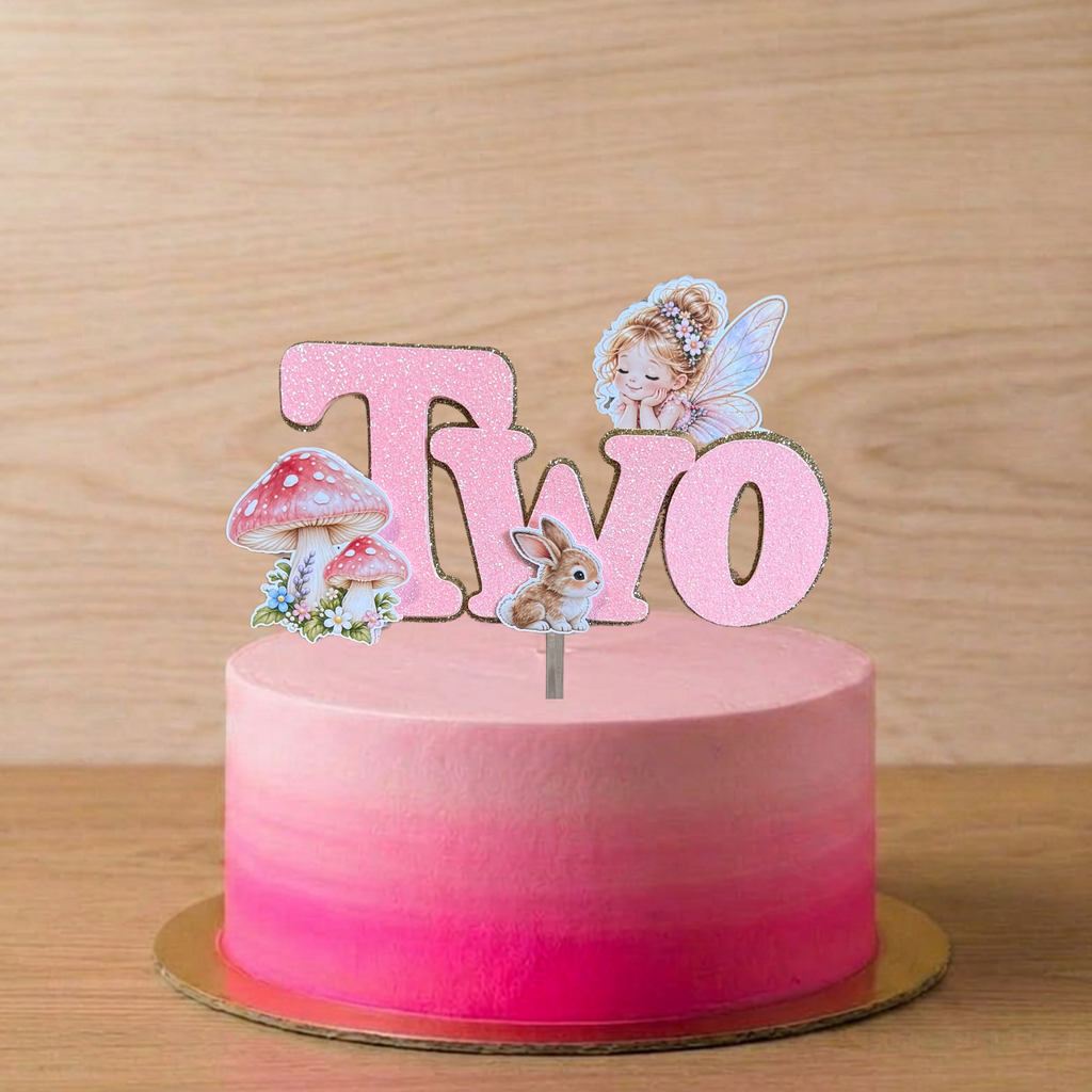 Fairy Garden 2nd Birthday Cake Topper – Pink Glitter TWO – Matching Card Option