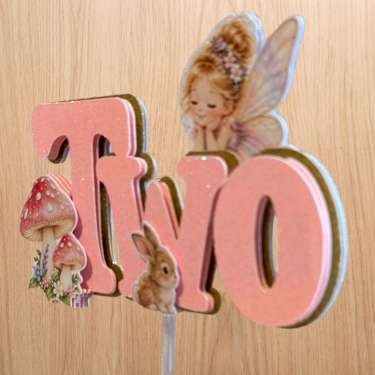 Fairy Garden 2nd Birthday Cake Topper – Pink Glitter TWO – Matching Card Option