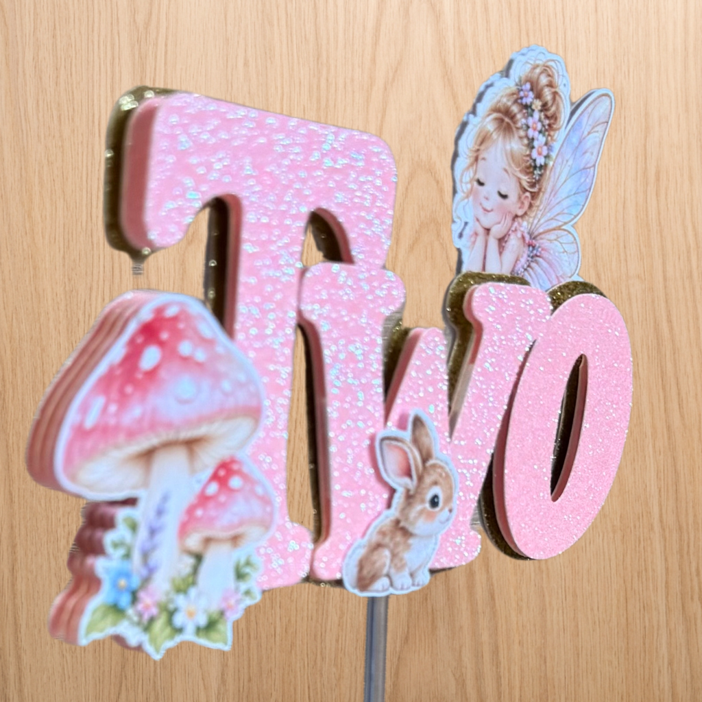 Fairy Garden 2nd Birthday Cake Topper – Pink Glitter TWO – Matching Card Option