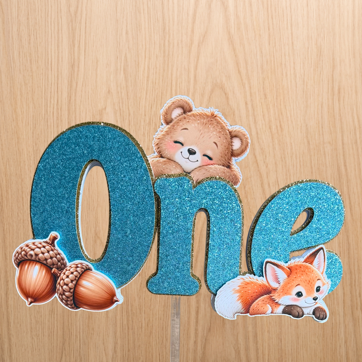 Woodland Animals 1st Birthday Cake Topper – Blue Glitter ONE – Matching Card Option