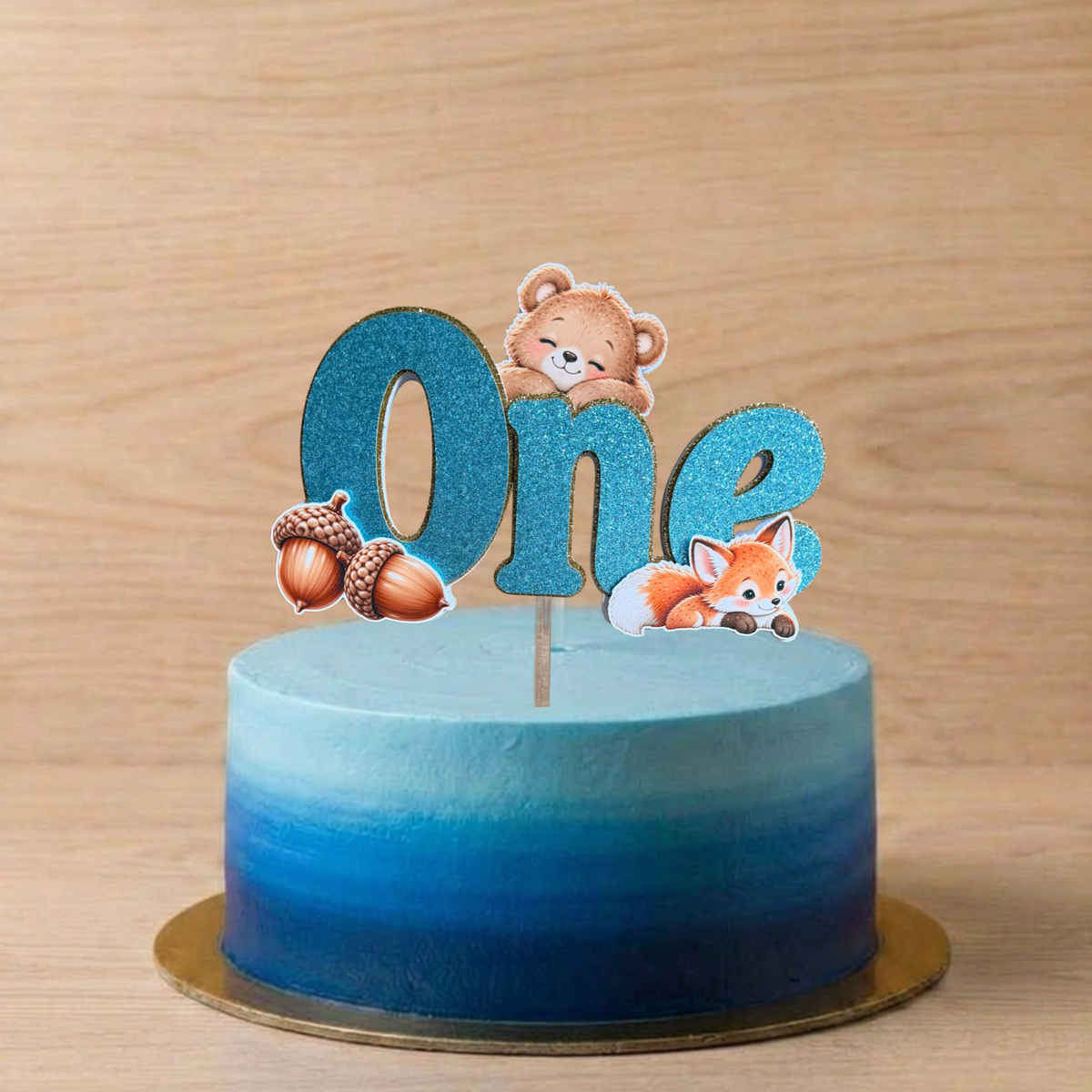 Woodland Animals 1st Birthday Cake Topper – Blue Glitter ONE – Matching Card Option