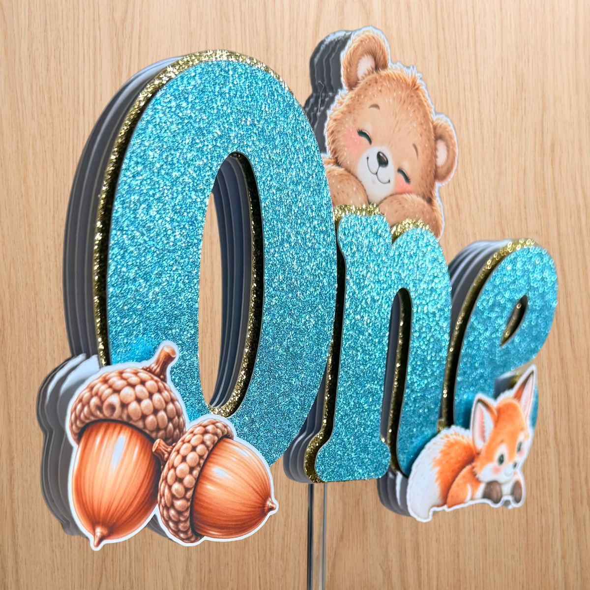 Woodland Animals 1st Birthday Cake Topper – Blue Glitter ONE – Matching Card Option