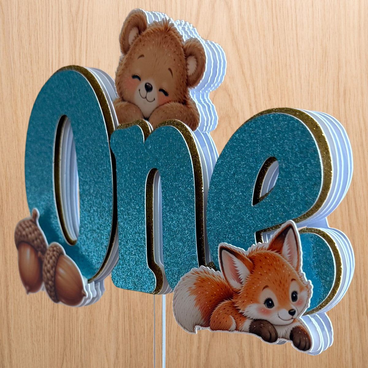 Woodland Animals 1st Birthday Cake Topper – Blue Glitter ONE – Matching Card Option