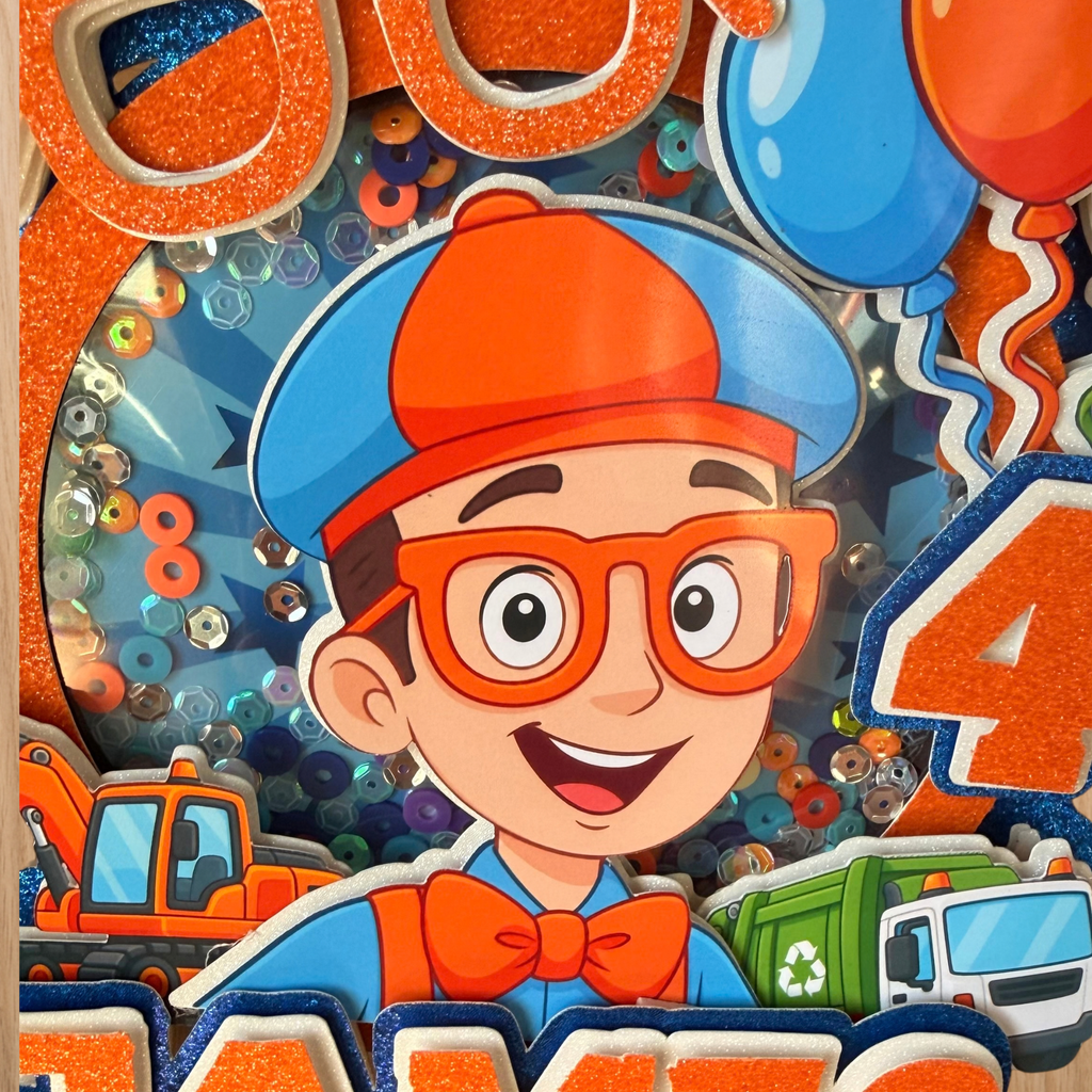 Blippi Shaker Cake Topper – Personalised Name & Age Birthday Decoration