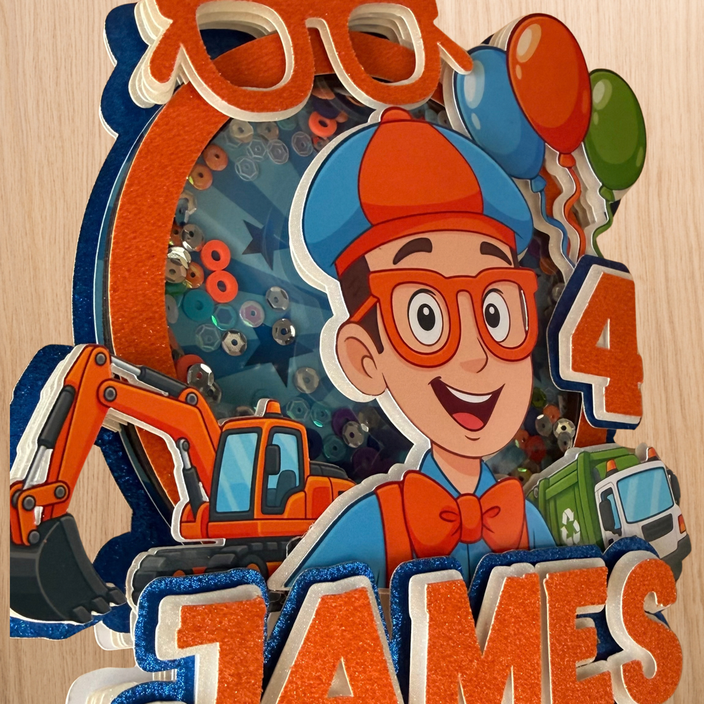 Blippi Shaker Cake Topper – Personalised Name & Age Birthday Decoration