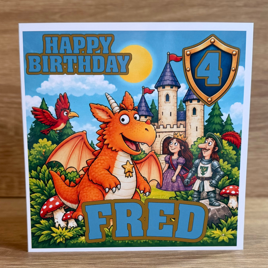 Zog Personalised Birthday Card – Dragon & Castle – Name & Age