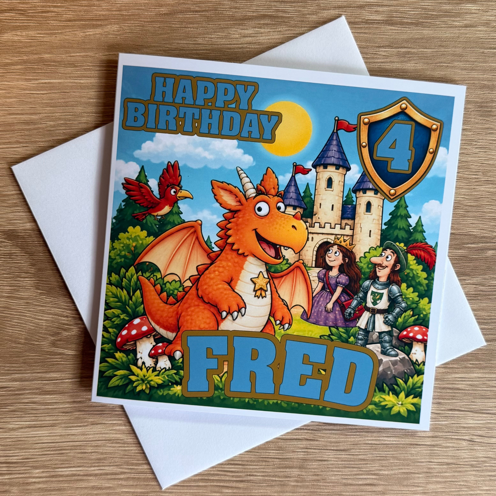 Zog Personalised Birthday Card – Dragon & Castle – Name & Age