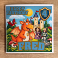 Zog personalised 6x6 birthday card with orange dragon, Princess Pearl, Sir Gadabout, castle, name Fred and age 4