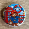 Paddington Bear personalised 58mm birthday badge with name and age, London bus and telephone box