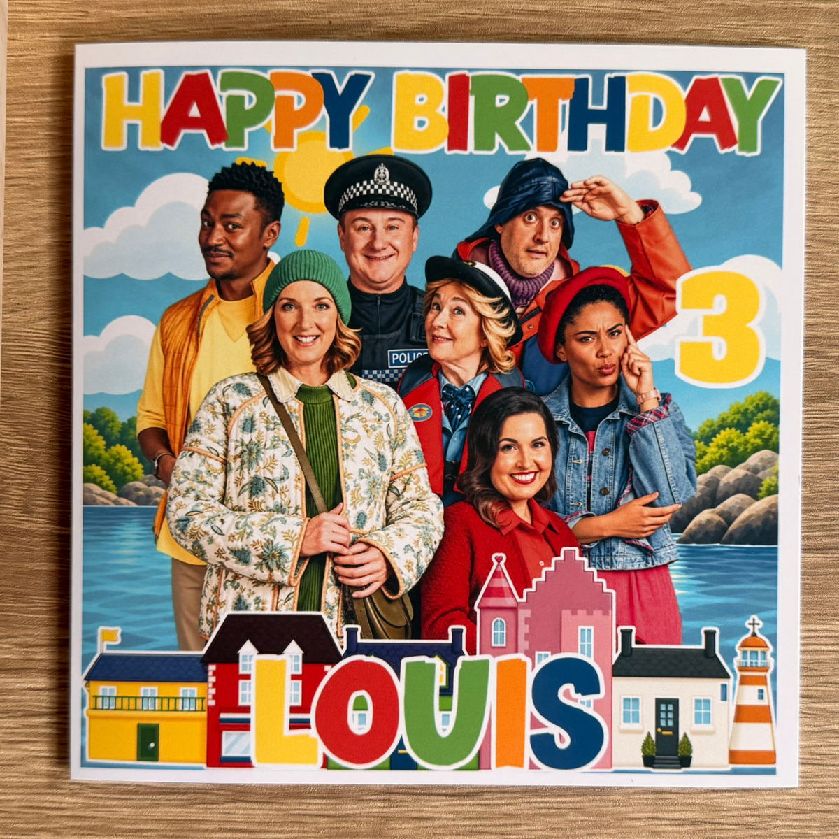 Balamory personalised 6x6 birthday card with colourful village houses, Balamory characters, name Louis and age 3