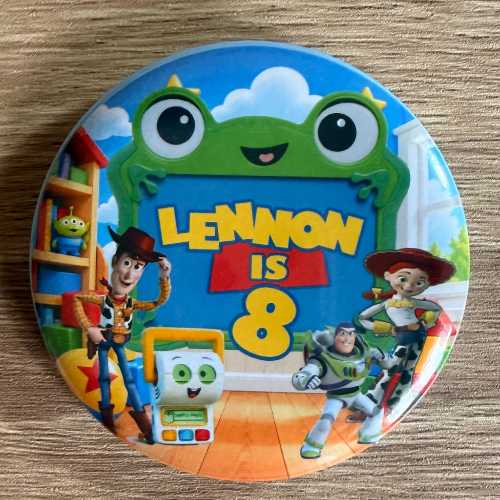 Toy Story 5 personalised 58mm birthday badge featuring Woody, Buzz Lightyear and Jessie with name and age