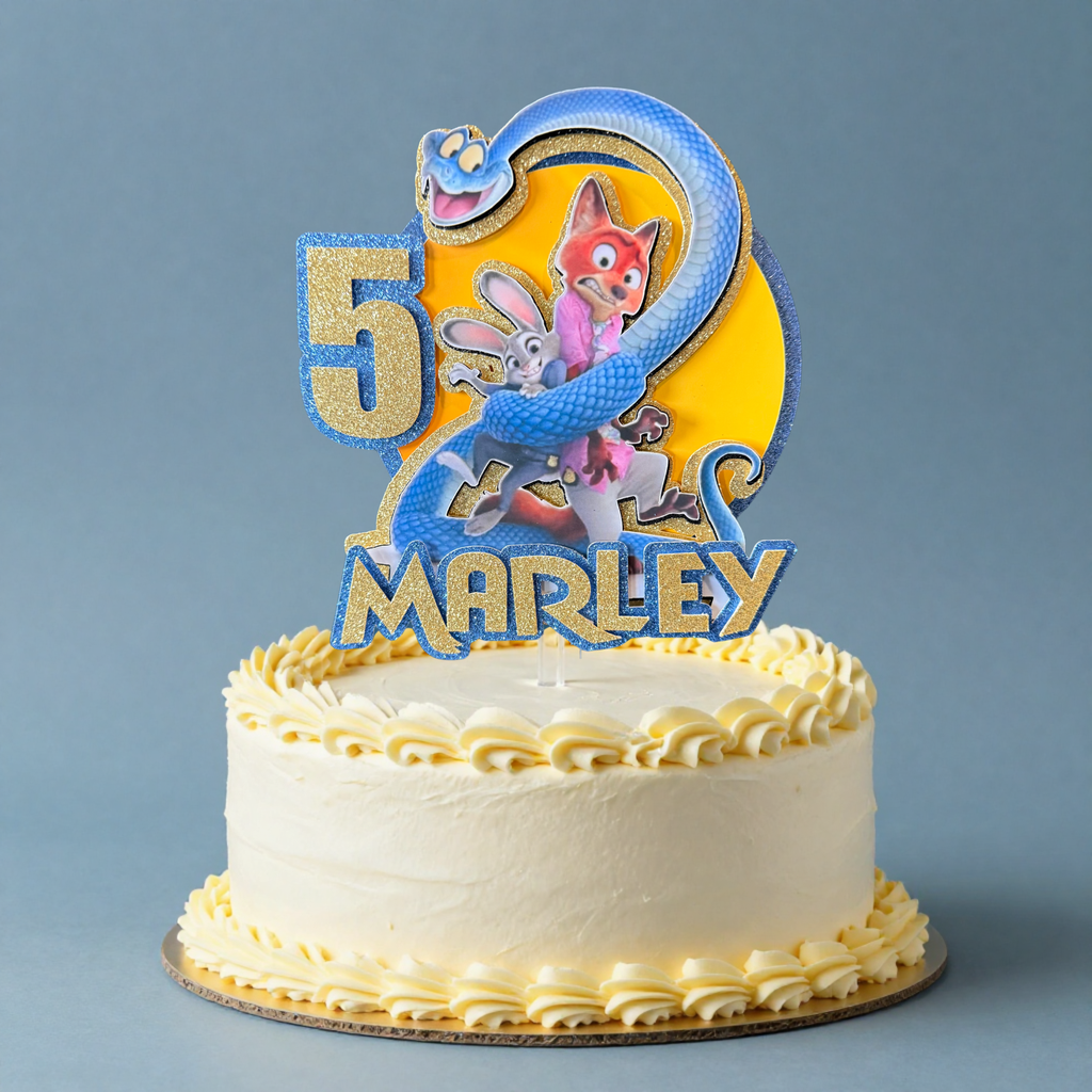 Zootopia 2 Personalised Cake Topper | Yellow Glitter Name & Age Birthday Decoration
