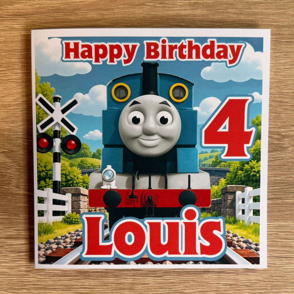 Thomas the Tank Engine personalised 6x6 birthday card with name Louis age 4 and colourful railway background