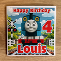 Thomas the Tank Engine personalised 6x6 birthday card with name Louis age 4 and colourful railway background