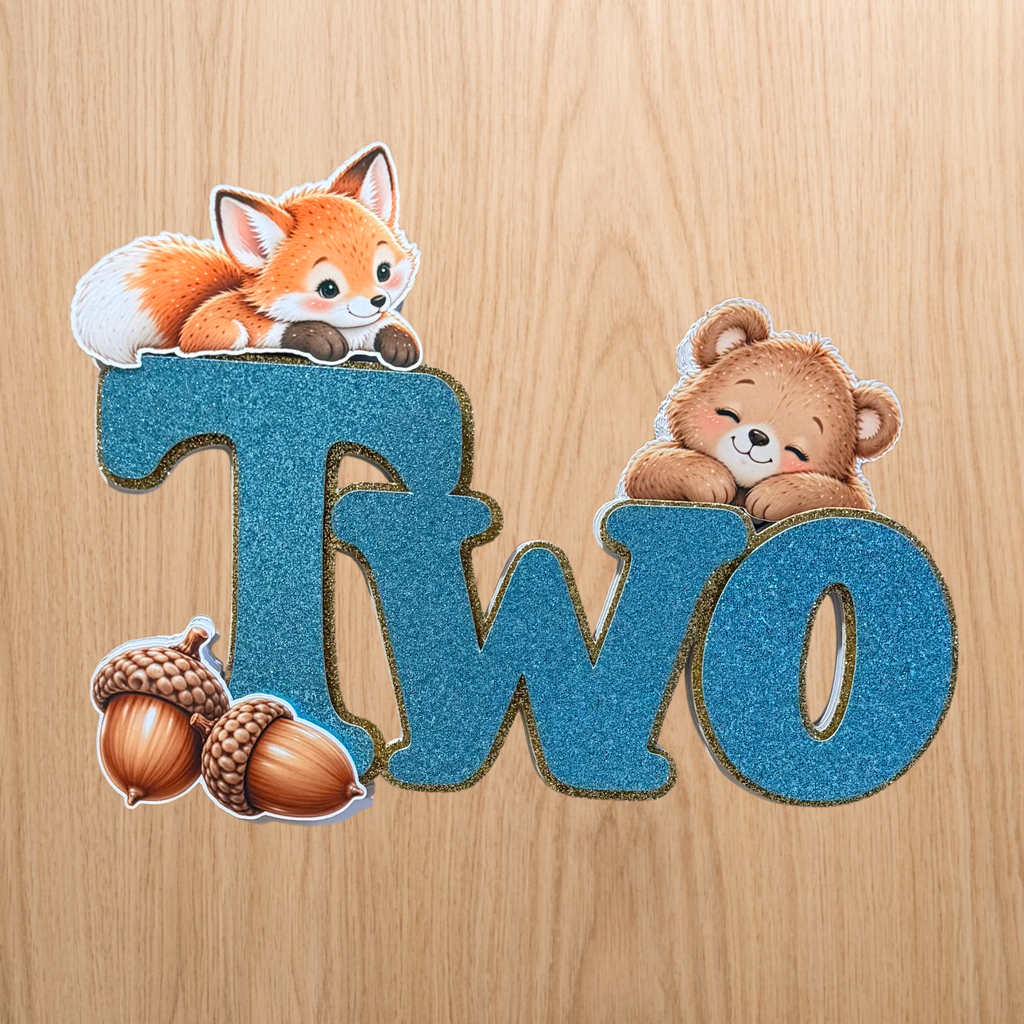 Woodland Animals 2nd Birthday Cake Topper – Blue Glitter TWO – Matching Card Option