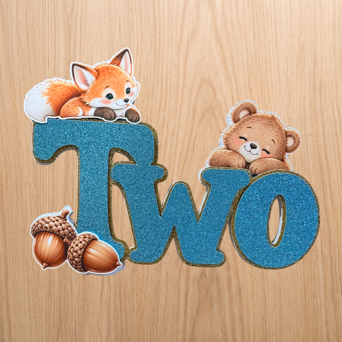 Woodland Animals 2nd Birthday Cake Topper – Blue Glitter TWO – Matching Card Option