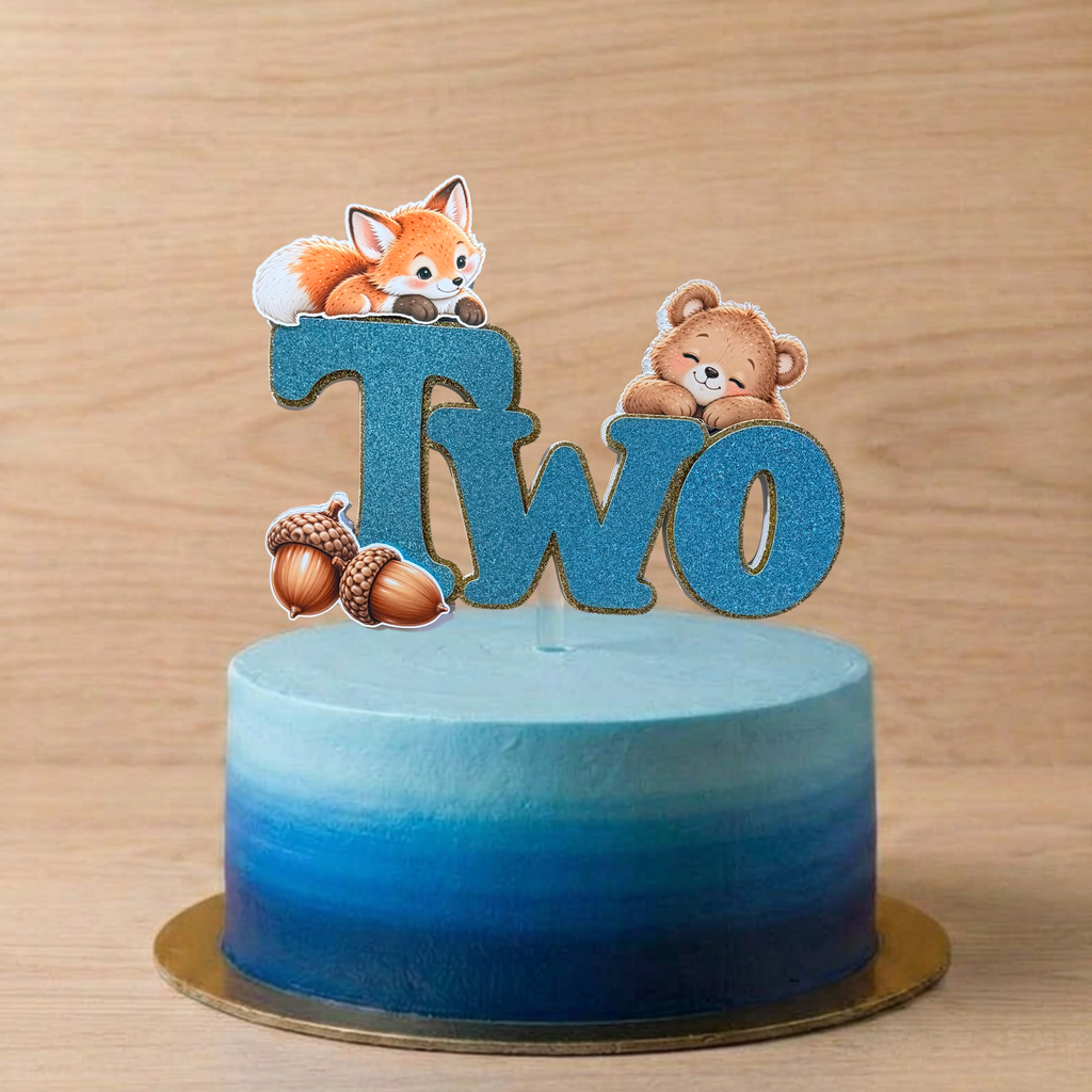 Woodland Animals 2nd Birthday Cake Topper – Blue Glitter TWO – Matching Card Option