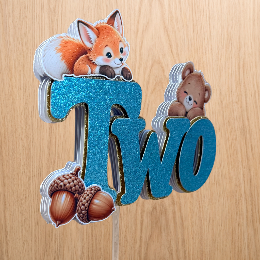 Woodland Animals 2nd Birthday Cake Topper – Blue Glitter TWO – Matching Card Option