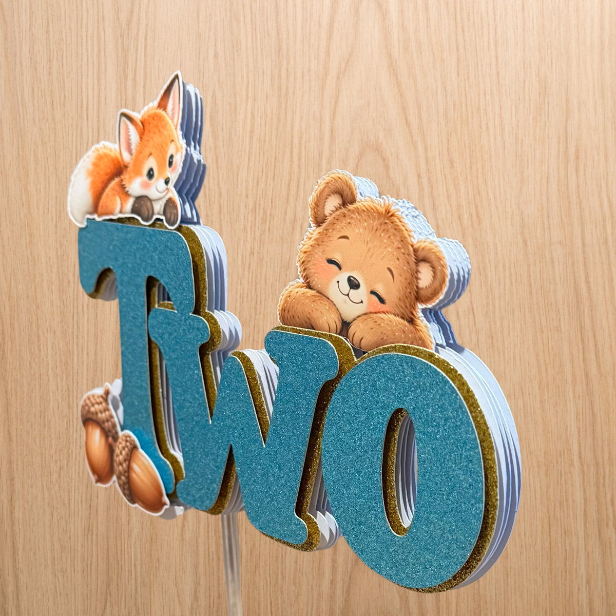 Woodland Animals 2nd Birthday Cake Topper – Blue Glitter TWO – Matching Card Option