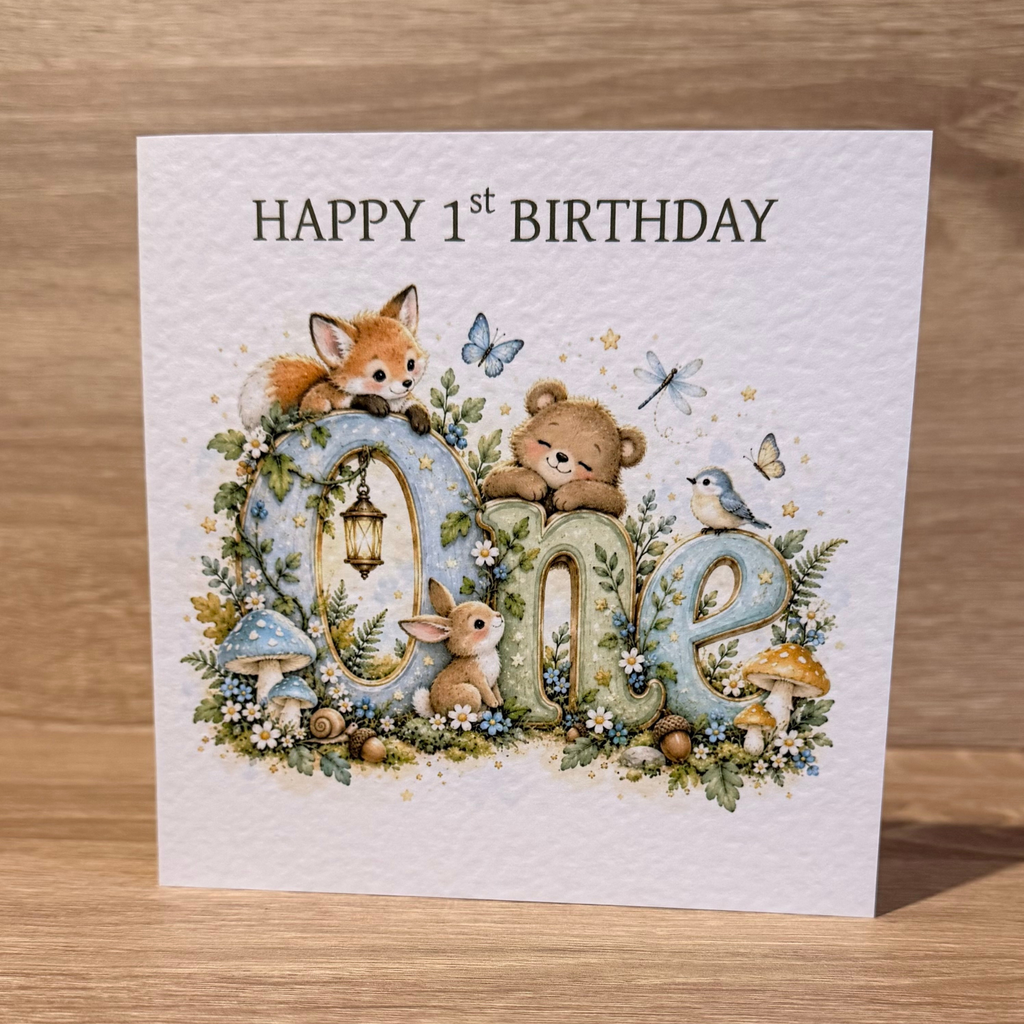 Woodland Animals 1st Birthday Card – Watercolour ONE – 6x6