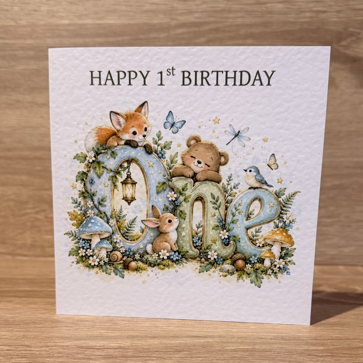Woodland Animals 1st Birthday Card – Watercolour ONE – 6x6