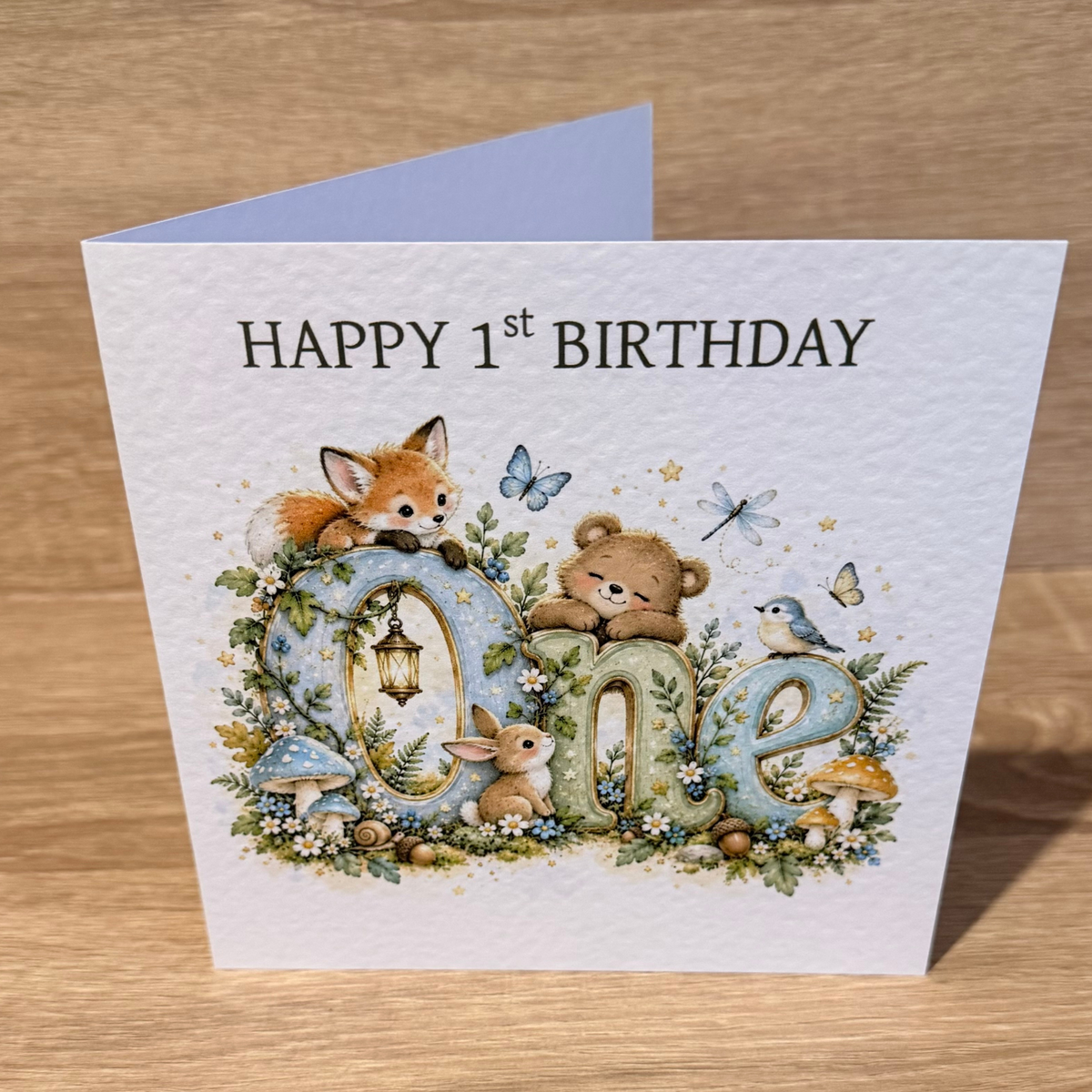 Woodland Animals 1st Birthday Card – Watercolour ONE – 6x6