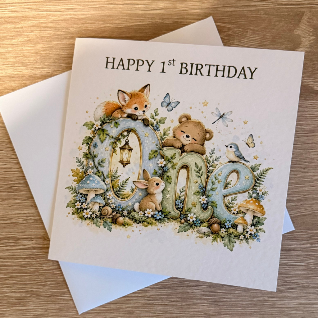 Woodland Animals 1st Birthday Card – Watercolour ONE – 6x6