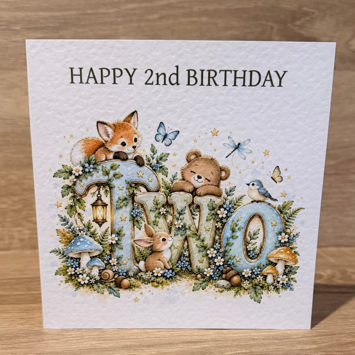 Woodland Animals 2nd Birthday Cake Topper – Blue Glitter TWO – Matching Card Option