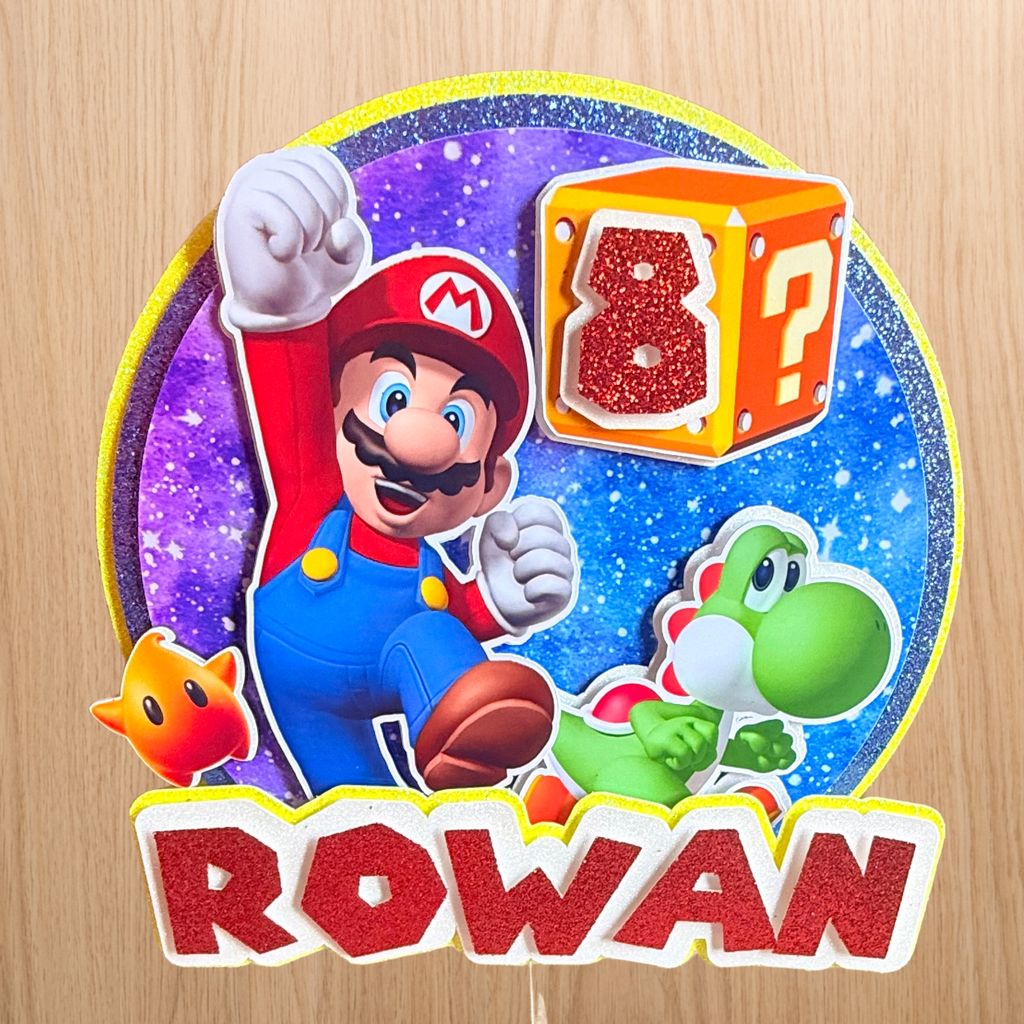 Super Mario & Yoshi Cake Topper | Personalised Name & Age Birthday Decoration