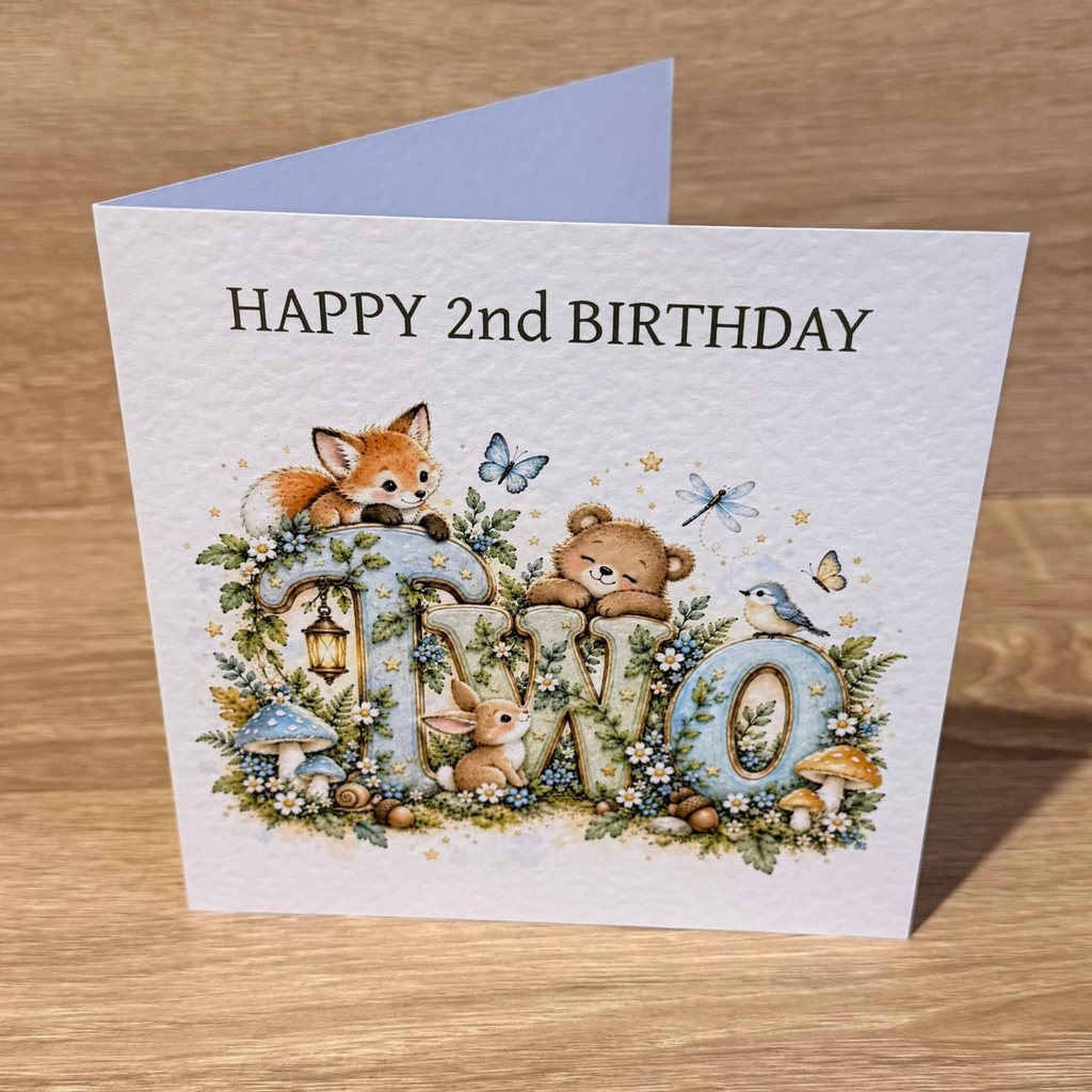 Woodland Animals 2nd Birthday Card – Watercolour TWO – 6x6